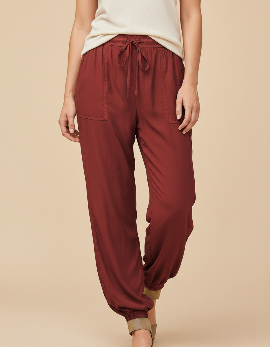 Pantalon Fluide Rouge Brique Cordon Décontracté Femme - Bordeaux Viscose
