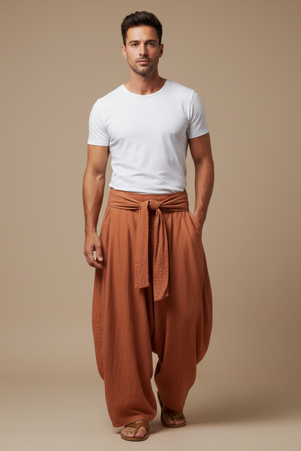 Pantalon Fluide Harem Lin Coton Ample Terracota Homme - Marron