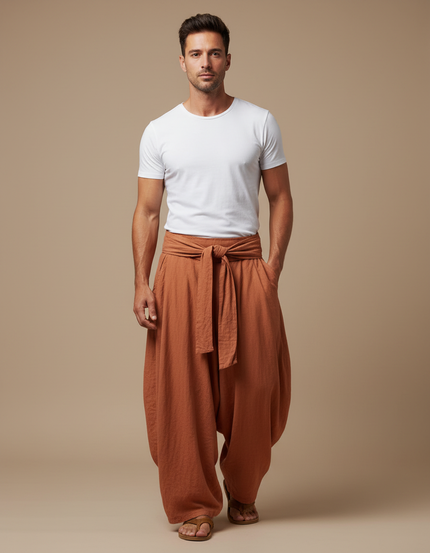 Pantalon Fluide Harem Lin Coton Ample Terracota Homme - Marron