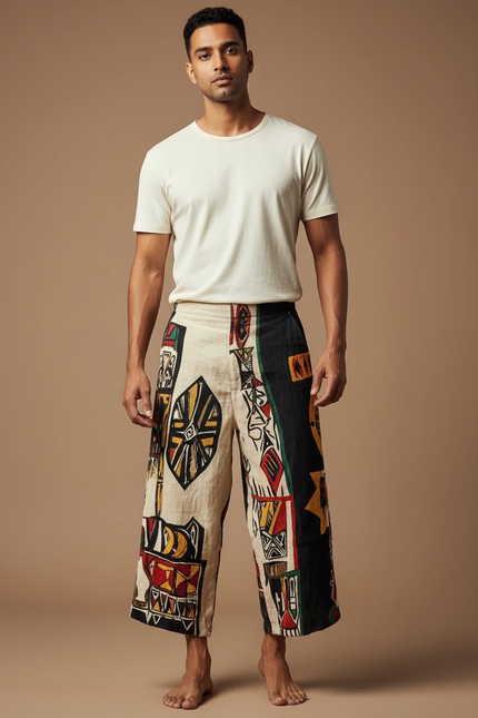 Pantalon Fluide Ethnique Ample Motif Tribal Coloré Homme - Multicolore Lin