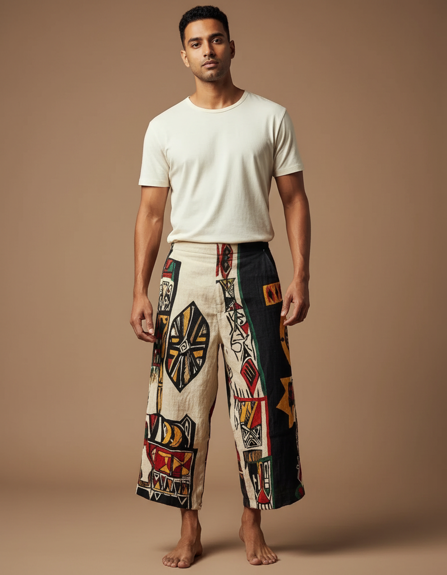 Pantalon Fluide Ethnique Ample Motif Tribal Coloré Homme - Multicolore Lin