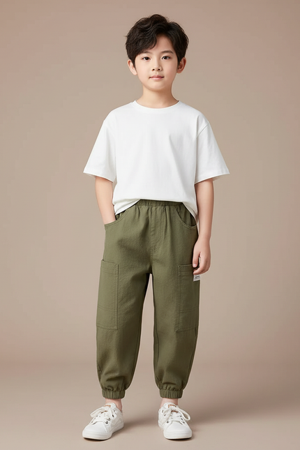 Pantalon Fluide Vert Militaire Ample Harem Coton Enfant - Kaki Toile