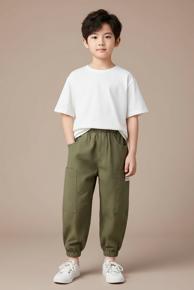 Pantalon Fluide Vert Militaire Ample Harem Coton Enfant - Kaki Toile