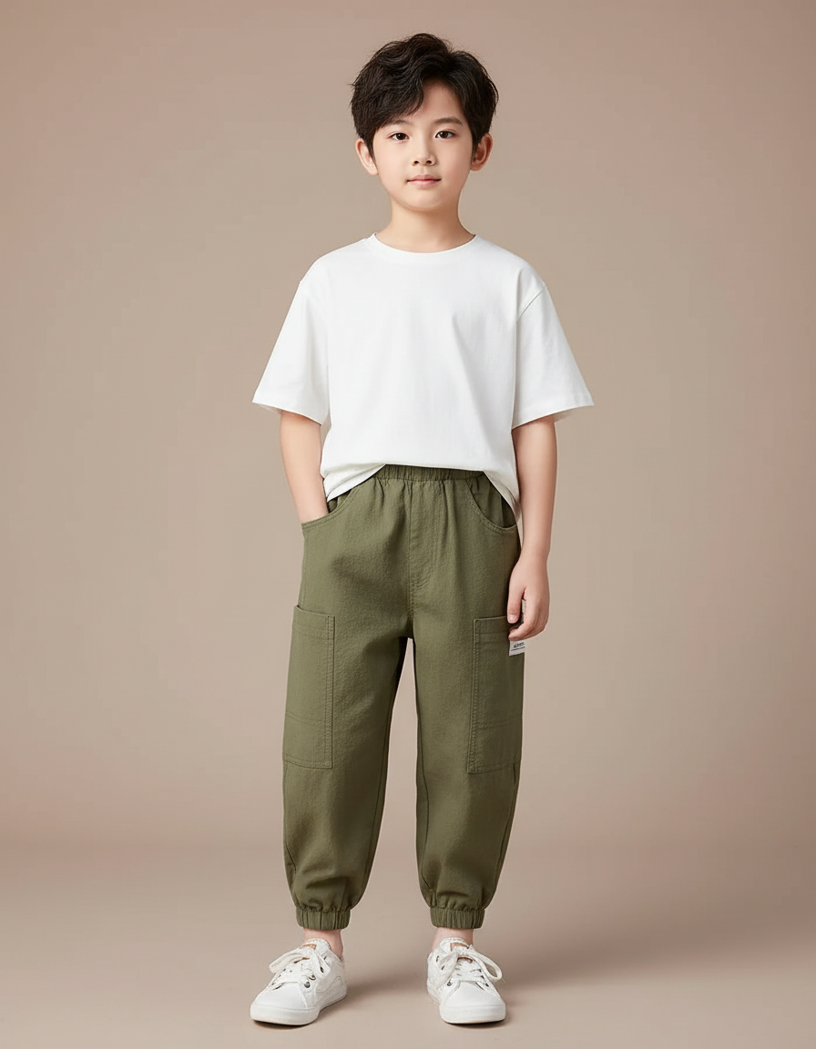 Pantalon Fluide Vert Militaire Ample Harem Coton Enfant - Kaki Toile