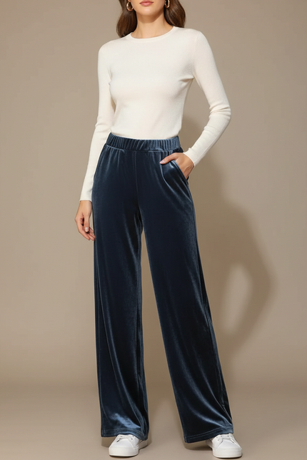 Pantalon Fluide Velours Bleu Ample Décontracté Femme