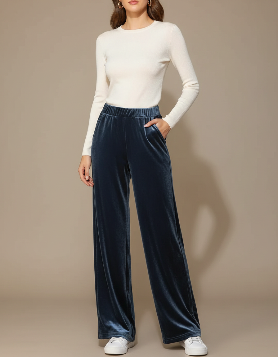 Pantalon Fluide Velours Bleu Ample Décontracté Femme