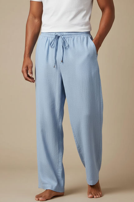 Pantalon Fluide Bleu Ciel Lin Ample Décontracté Homme