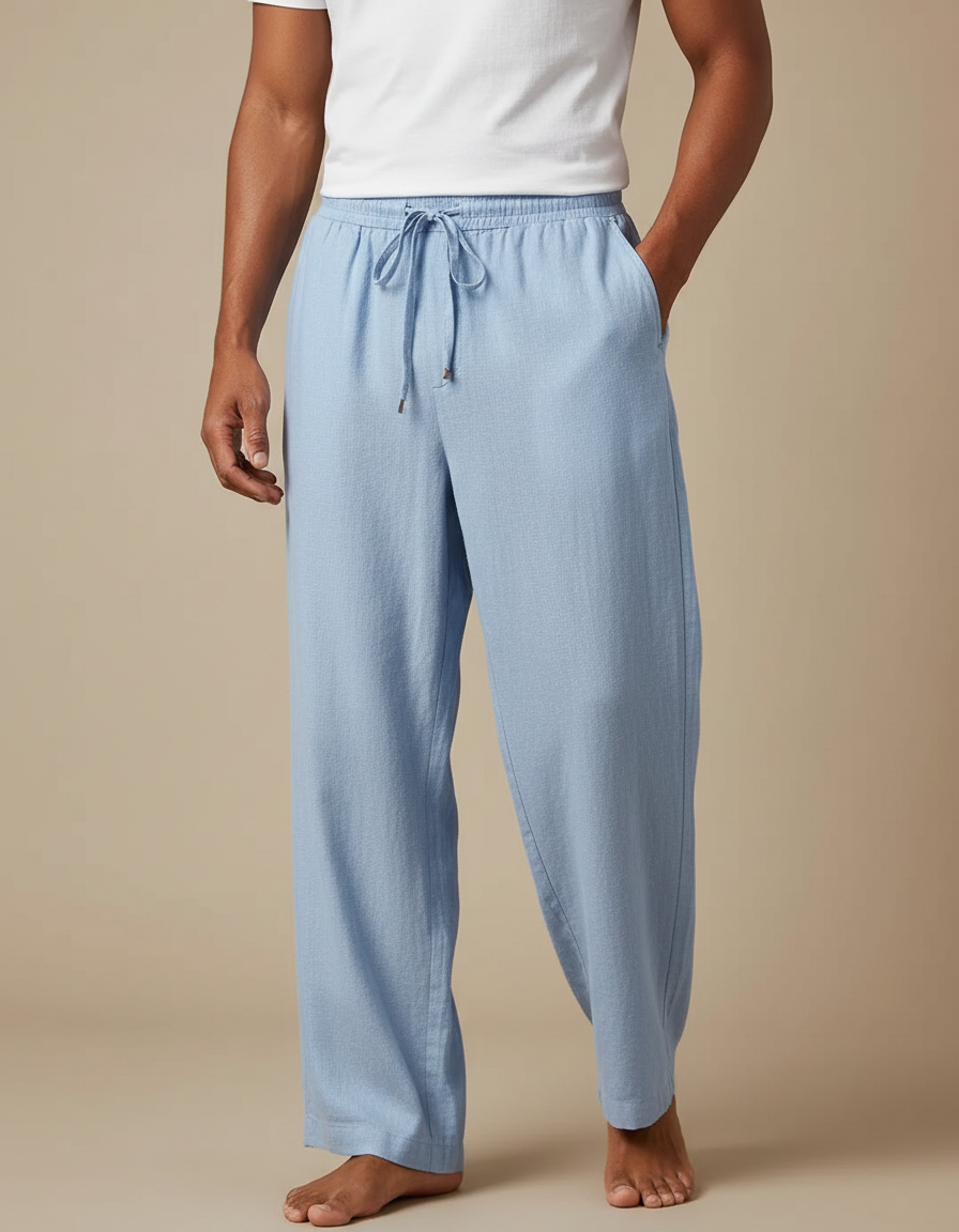 Pantalon Fluide Bleu Ciel Lin Ample Décontracté Homme
