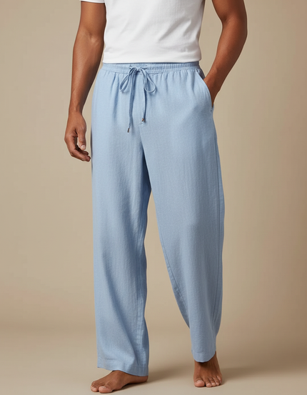 Pantalon Fluide Bleu Ciel Lin Ample Décontracté Homme