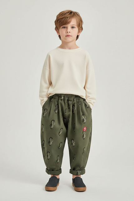Pantalon Fluide Vert Motif Pingouin Ample Coton Enfant - Kaki