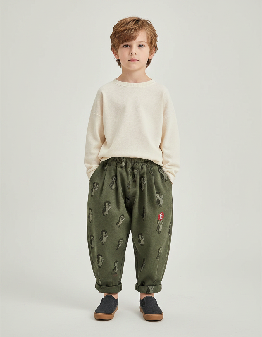 Pantalon Fluide Vert Motif Pingouin Ample Coton Enfant - Kaki