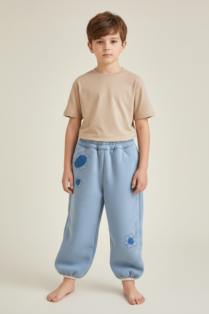 Pantalon Fluide Bleu Ciel Ample Molleton Fleurs Enfant