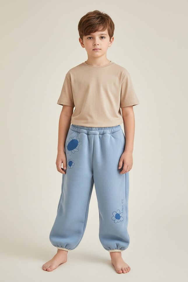 Pantalon Fluide Bleu Ciel Ample Molleton Fleurs Enfant