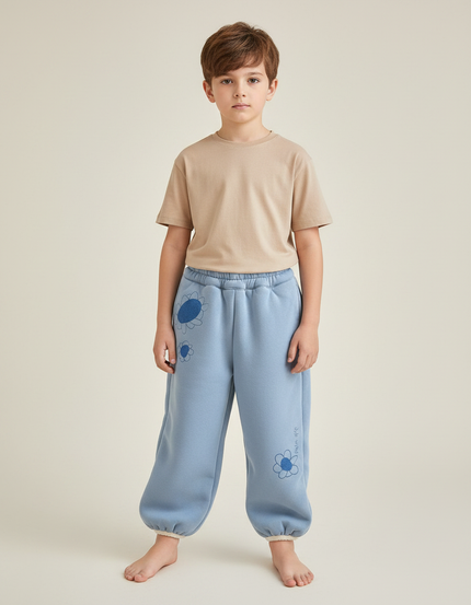 Pantalon Fluide Bleu Ciel Ample Molleton Fleurs Enfant