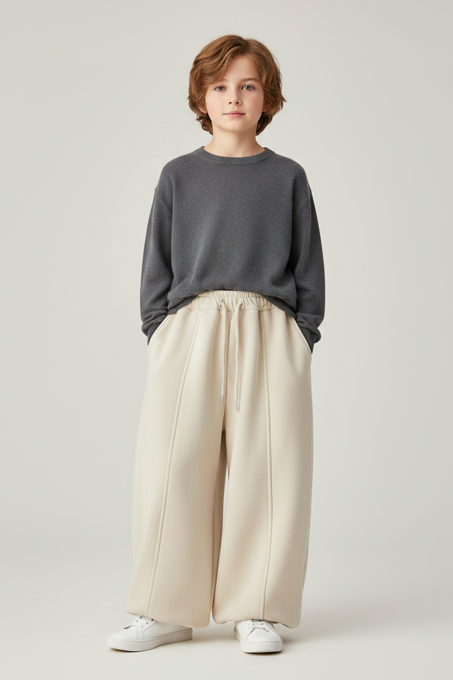 Pantalon Fluide Écru Ample Molleton Épais Enfant - Beige