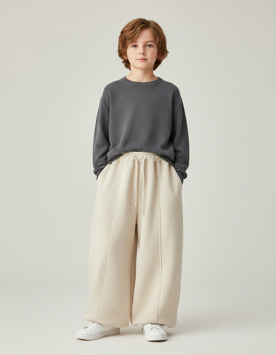 Pantalon Fluide Écru Ample Molleton Épais Enfant - Beige