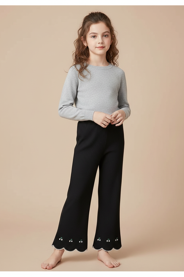 Pantalon Fluide Noir Côtelé Évasé Brodé Cerises Fille - Maille