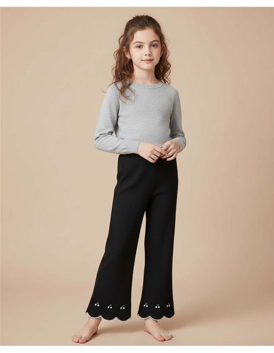 Pantalon Fluide Noir Côtelé Évasé Brodé Cerises Fille - Maille