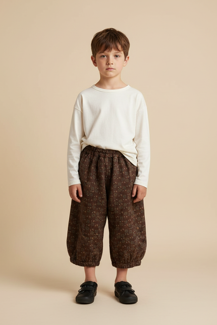 Pantalon Fluide Marron Fleuri Ample Coton Enfant Vintage