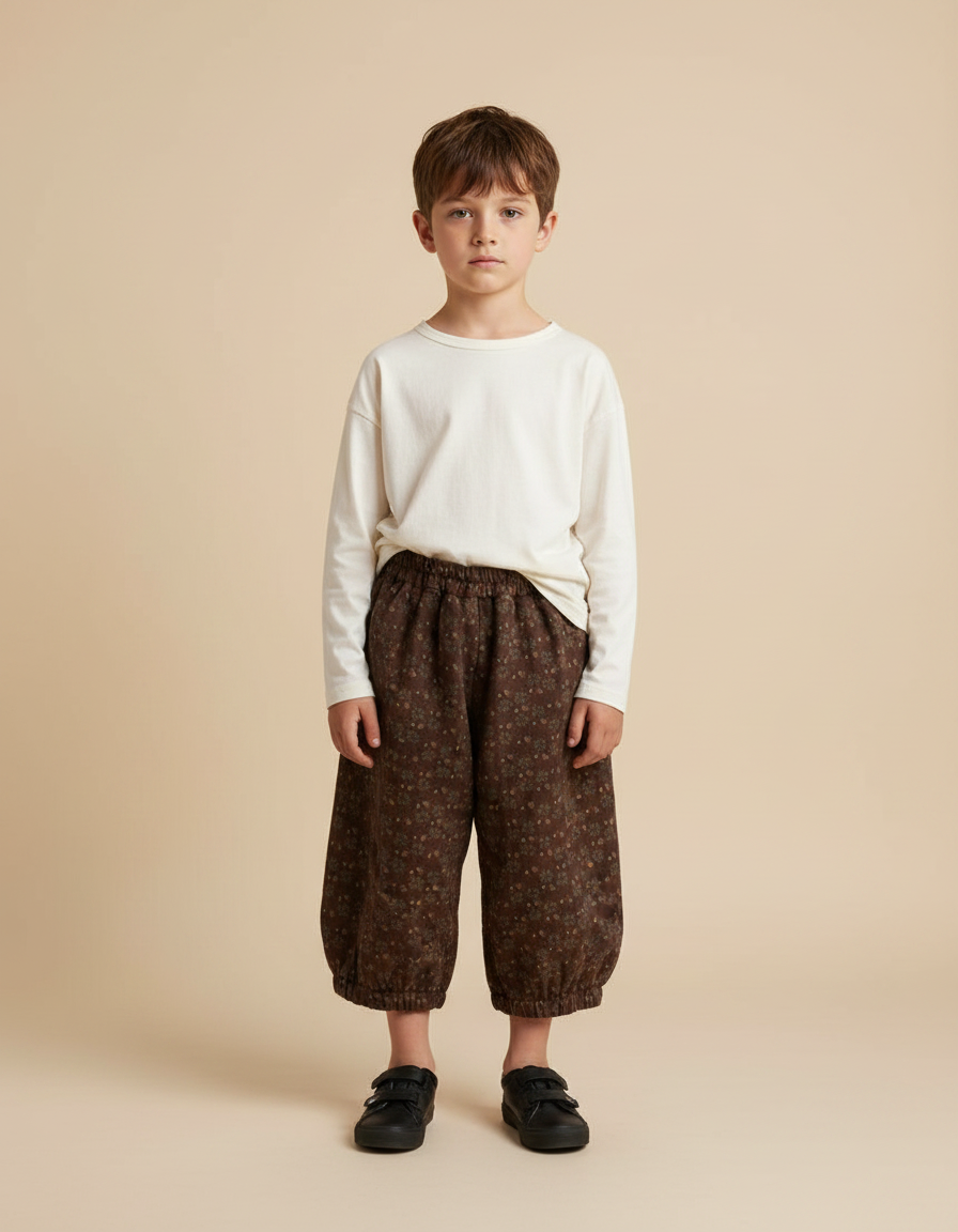 Pantalon Fluide Marron Fleuri Ample Coton Enfant Vintage