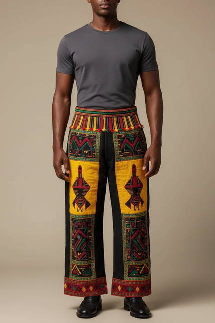 Pantalon Fluide Noir Ample Motifs Ethniques Jaunes - Multicolore Coton