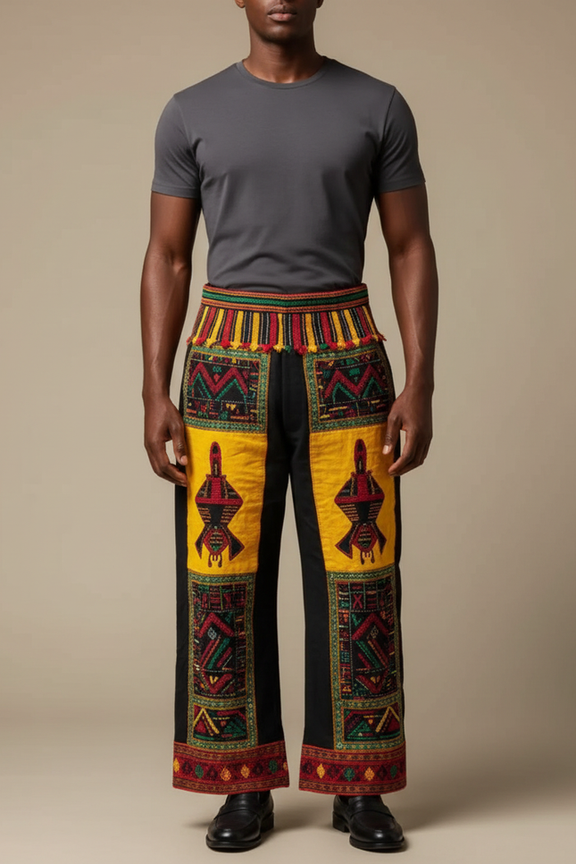 Pantalon Fluide Noir Ample Motifs Ethniques Jaunes - Multicolore Coton