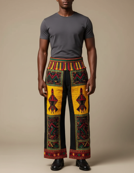 Pantalon Fluide Noir Ample Motifs Ethniques Jaunes - Multicolore Coton