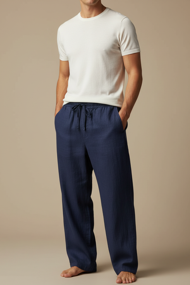 Pantalon Fluide Homme Bleu Marine Lin Ample Décontracté