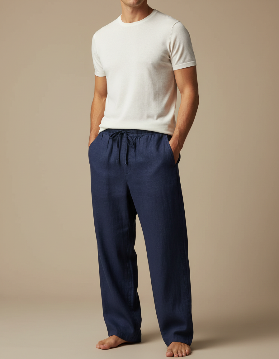 Pantalon Fluide Homme Bleu Marine Lin Ample Décontracté
