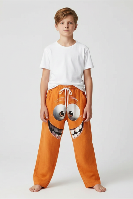 Pantalon Fluide Orange Ample Visage Rigolo Enfant - Lin