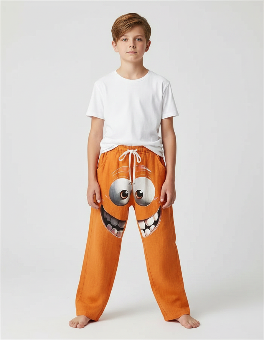 Pantalon Fluide Orange Ample Visage Rigolo Enfant - Lin