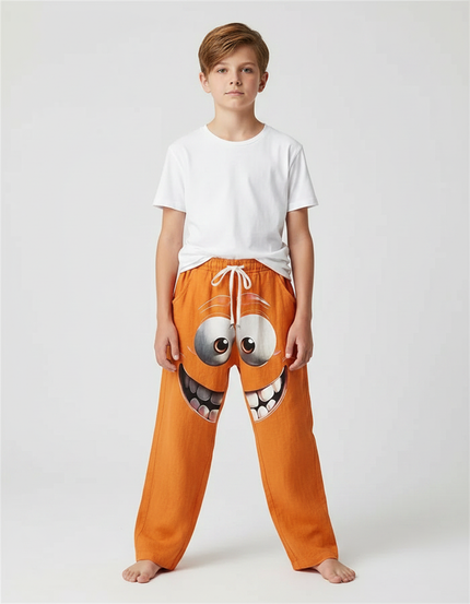 Pantalon Fluide Orange Ample Visage Rigolo Enfant - Lin
