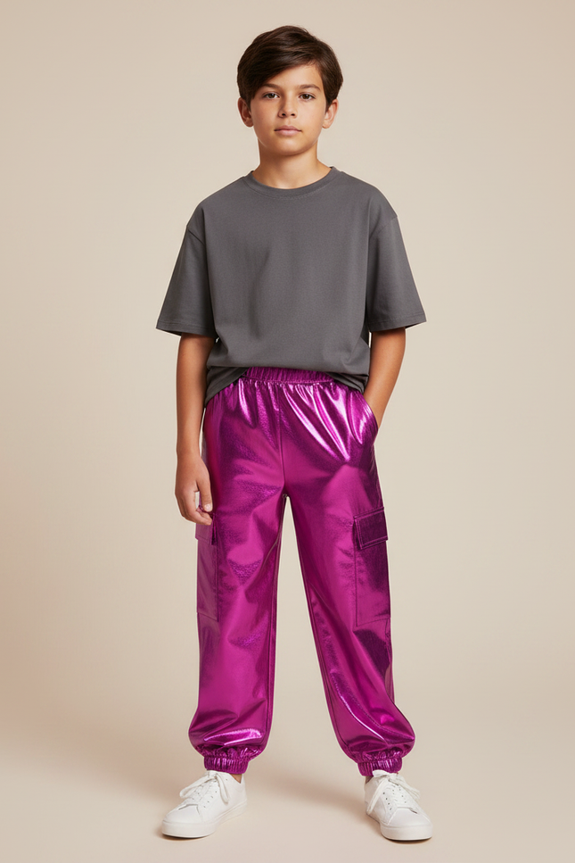 Pantalon Fluide Métallique Brillant Cargo Garçon Fille - Rose Polyester