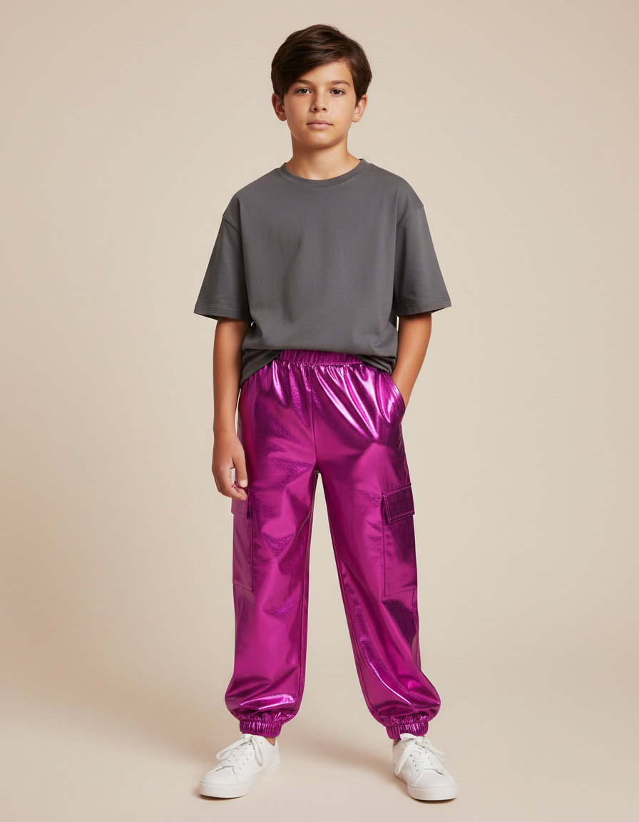 Pantalon Fluide Métallique Brillant Cargo Garçon Fille - Rose Polyester