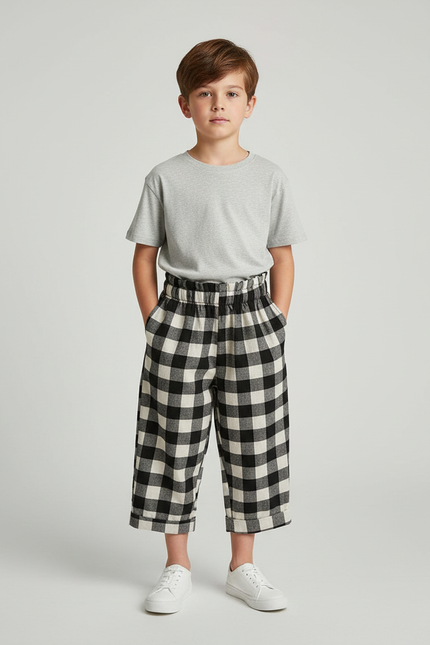 Pantalon Fluide Carreaux Noir Blanc Ample Coton Enfant - Imprimé