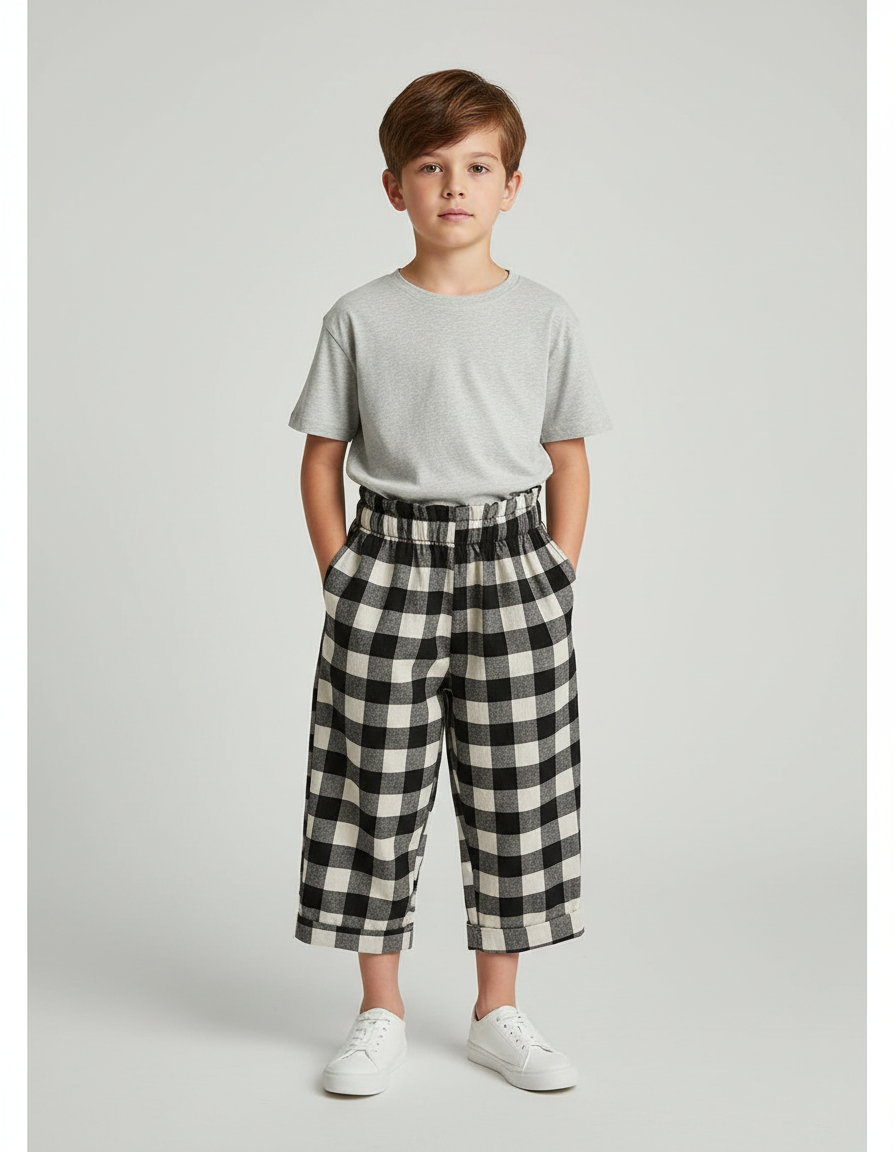 Pantalon Fluide Carreaux Noir Blanc Ample Coton Enfant - Imprimé