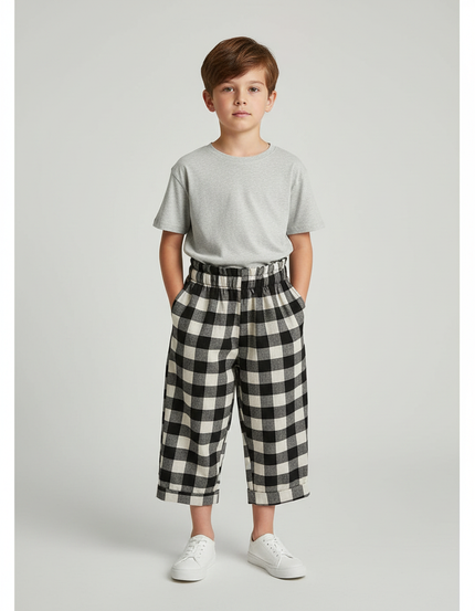 Pantalon Fluide Carreaux Noir Blanc Ample Coton Enfant - Imprimé