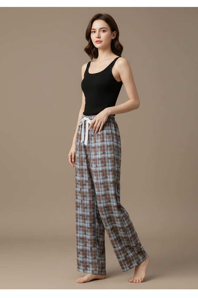 Pantalon Fluide Carreaux Plaid Marron Bleu Décontracté Ample - Multicolore Coton