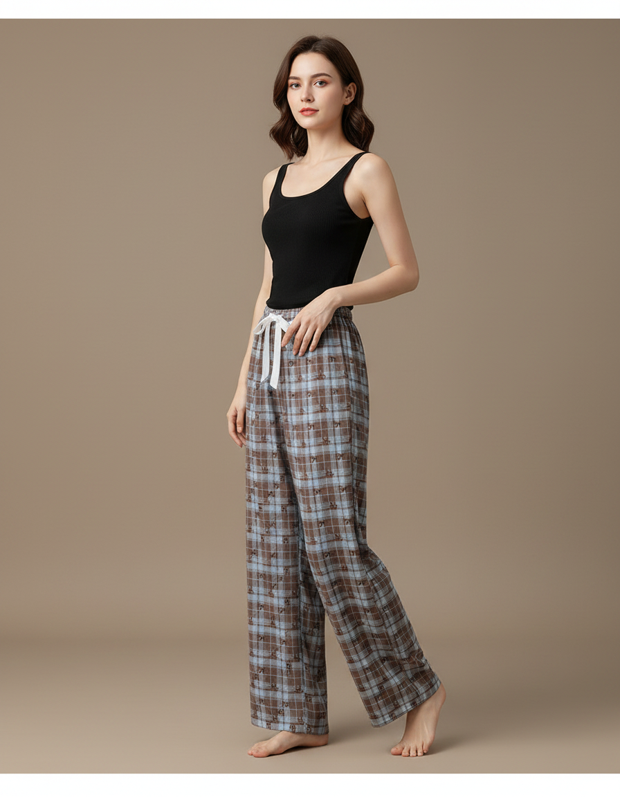 Pantalon Fluide Carreaux Plaid Marron Bleu Décontracté Ample - Multicolore Coton