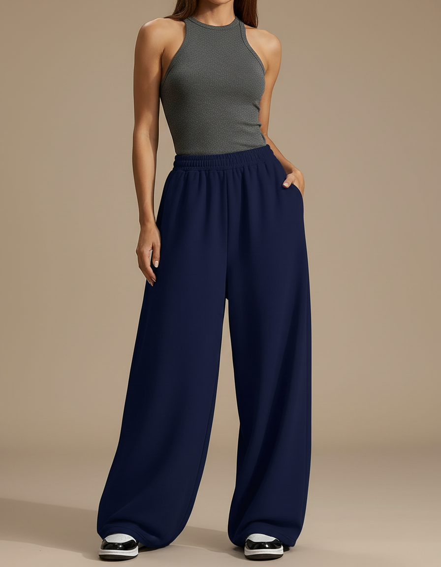 Pantalon Fluide Bleu Marine Ample Décontracté Coton - Molleton