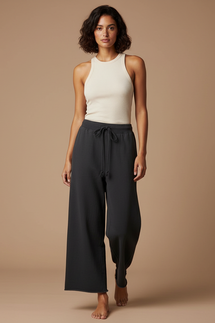 Pantalon Fluide Noir Ample Coton Cordon Femme - Molleton