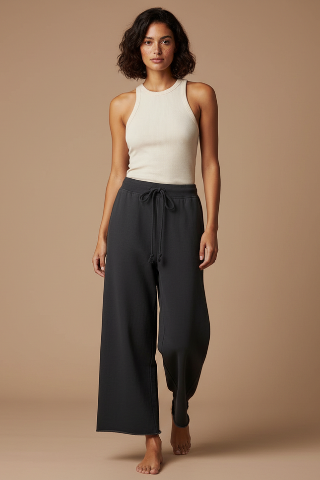 Pantalon Fluide Noir Ample Coton Cordon Femme - Molleton