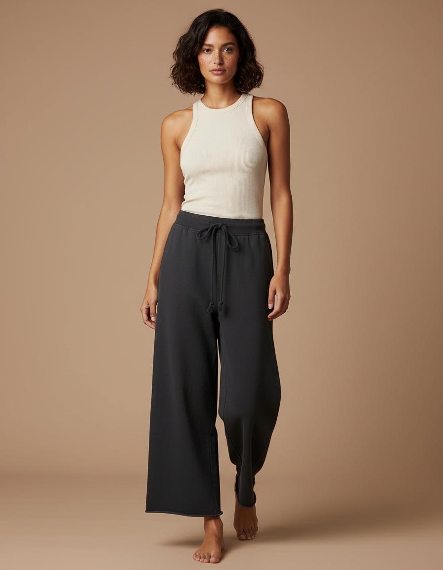 Pantalon Fluide Noir Ample Coton Cordon Femme - Molleton