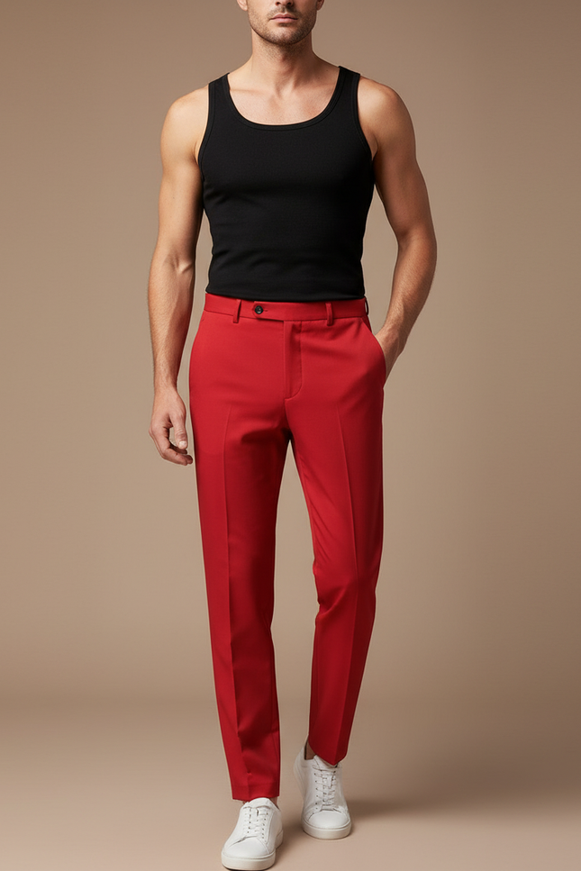 Pantalon Fluide Rouge Élégant Homme Droit Slim - Gabardine
