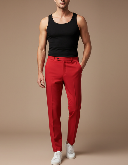 Pantalon Fluide Rouge Élégant Homme Droit Slim - Gabardine