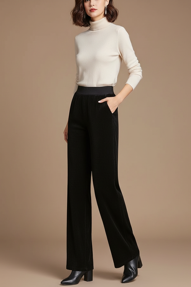 Pantalon Fluide Noir Velours Côtelé Taille Haute Ample - Cordé