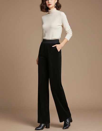 Pantalon Fluide Noir Velours Côtelé Taille Haute Ample - Cordé