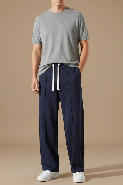 Pantalon Fluide Bleu Marine Ample Décontracté Coton Cordon