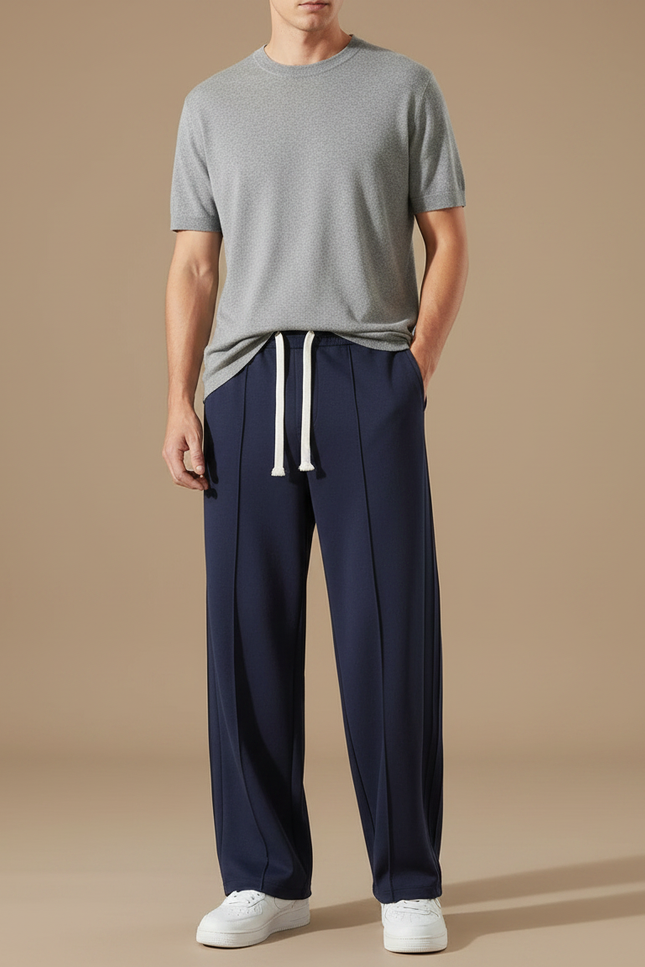 Pantalon Fluide Bleu Marine Ample Décontracté Coton Cordon