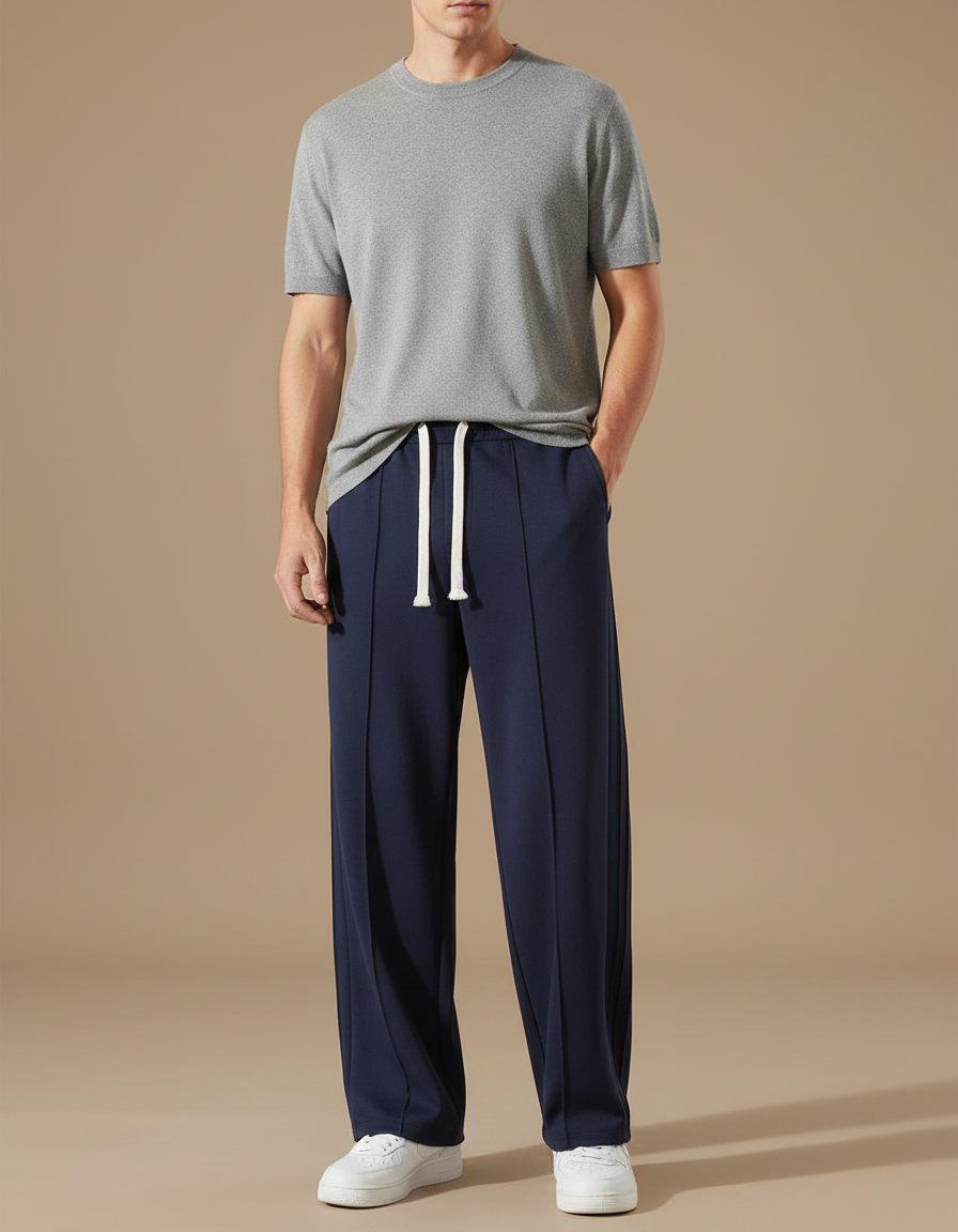 Pantalon Fluide Bleu Marine Ample Décontracté Coton Cordon